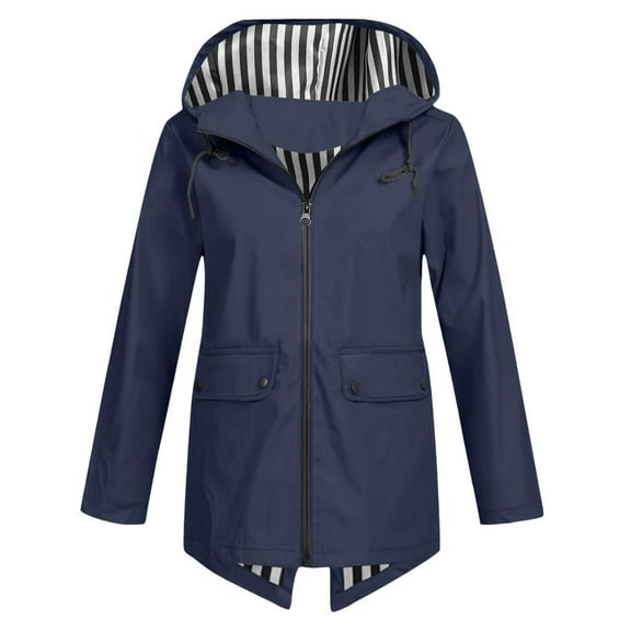 Rain Jacket Women Striped Lined Hooded Lightweight Raincoat Outdoor Waterproof Windbreaker