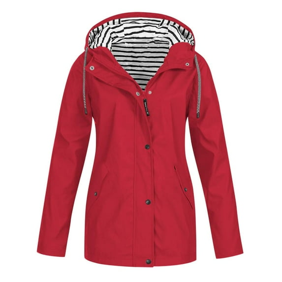 Rain Jacket Women Striped Lined Hooded Lightweight Raincoat Outdoor Waterproof Windbreaker
