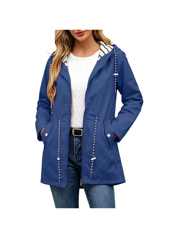 Rain Jacket Women Striped Lined Jackets Waterproof Long Hooded Trench Coats Drawstring Windbreaker Travel Windbreaker with Pockets Blue M