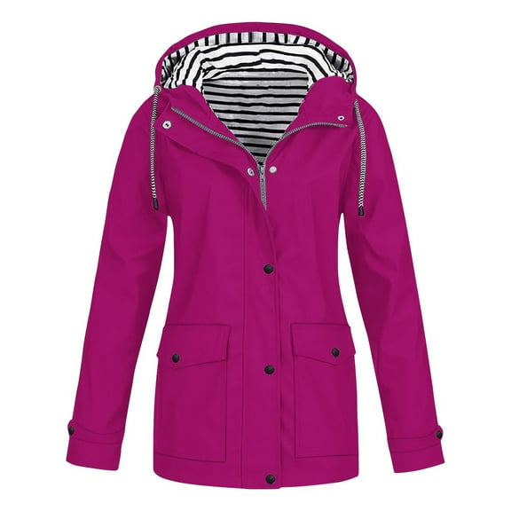 Rain Jacket Women Waterproof Long Lightweight Raincoat Hooded Windbreaker Outdoor Trench Coat Hot Pink XXXL