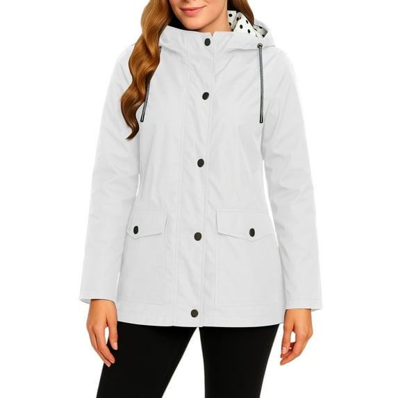 Rain Jacket Women Waterproof Long Lightweight Raincoat Hooded Windbreaker Outdoor Trench Coat for Fishing, Hunting and Tactical Outdoor Use, White, S