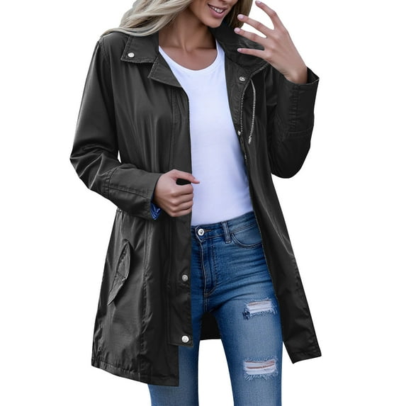 Rain Jacket Women Waterproof Long Raincoat Lightweight with Hood Windbreaker Zip Pocket Button Outdoor Trench Coat S-2XL