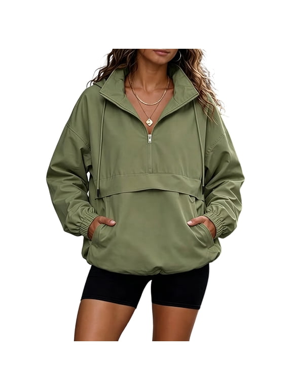 Rain Jacket Women Waterproof Long Sleeve Quarter Zip Windbreaker Work Jacket Pullover Cute Lightweight Oversized 2026 Coats with Pockets Army Green 2XL
