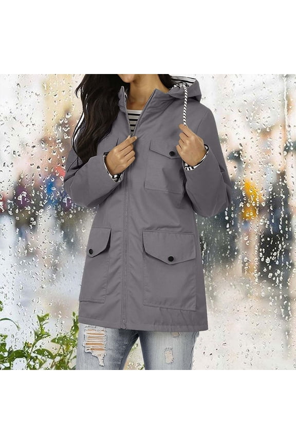 Rain Jacket Women Waterproof Wind Breaker Jacket with Hood Travel Hiking Raincoats Multi Pockets Outdoor Active Wear Zip Up Jackets Drawstring Long Sleeve Rain Coats
