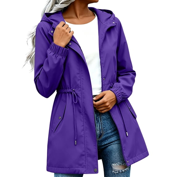 Rain Jacket Women Waterproof Windbreaker with Hood Plus Size Zip up Drawstring Raincoat Adjustable Waist Lightweight Rain Jackets Outdoor Windproof Casual Camping Hiking Rain Coat with Pockets