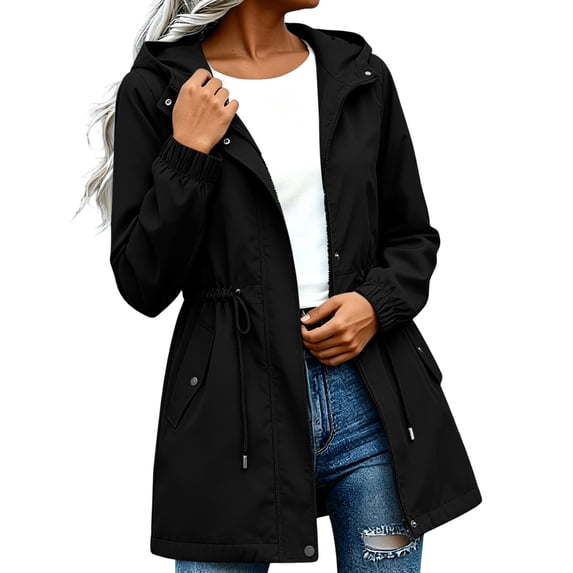 Rain Jacket Women Waterproof Windbreaker with Hood Plus Size Zip up Drawstring Raincoat Adjustable Waist Lightweight Rain Jackets Outdoor Windproof Casual Camping Hiking Rain Coat with Pockets