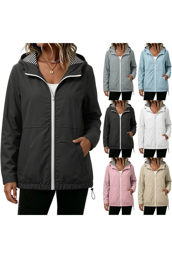 Rain Jacket Women Waterproof Windbreaker Jackets Lightweight Hooded with Striped Lining Full Zip Drawstring Hem Casual Outerwear