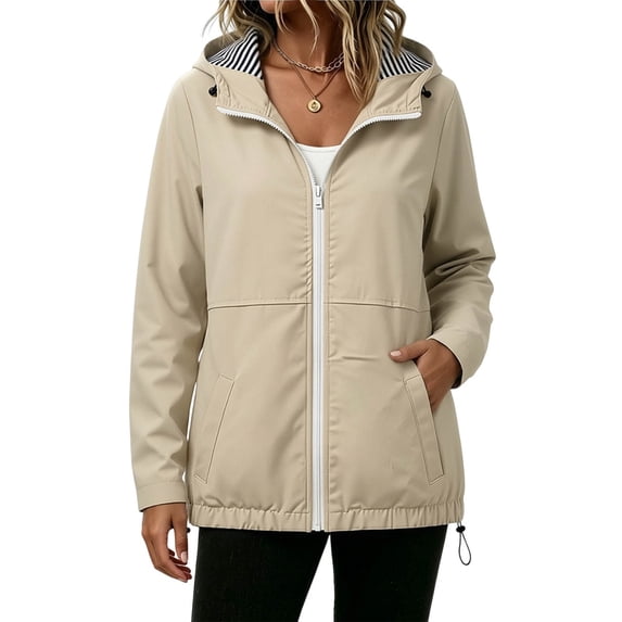 Rain Jacket Women Waterproof Windbreaker Jackets Lightweight Hooded with Striped Lining Full Zip Drawstring Hem Casual Outerwear