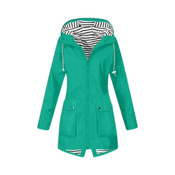 Rain Jacket Women Waterproof Windbreaker Lightweight Rain Jackets with Pockets Striped Lined Raincoats with Hood Green S