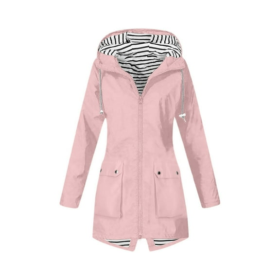 Rain Jacket Women Waterproof Windbreaker Lightweight Rain Jackets with Pockets Striped Lined Raincoats with Hood Pink M