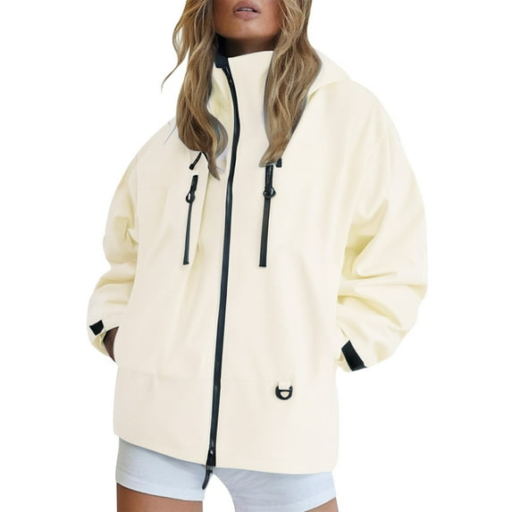 Rain Jacket Women, Yigetop Rain Jacket for Women Lightweight Windbreaker Jacket with Hood Packable Raincoat with Pockets Raincoat for Women Beige L
