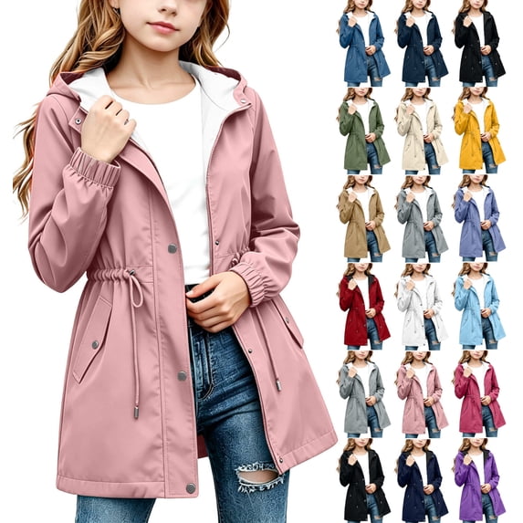 Rain Jacket for Girls Solid Color Waterproof Zip Up Hooded Coat with Pockets for Outdoor Wear,Sizes 5-16
