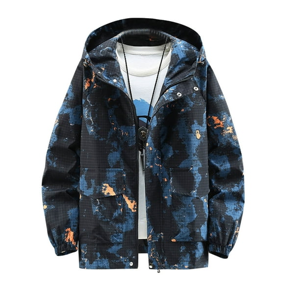 Rain Jacket for Men Camouflage Gradient Pocket Zip Hooded Long Sleeve Hooded Casual Coat Outwear