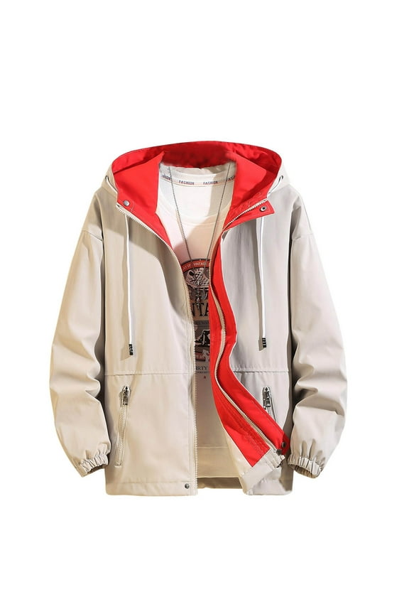 Rain Jacket for Men Colour Blocking Drawstring Zip Pocket Long Sleeve Hooded Casual Coat Jacket