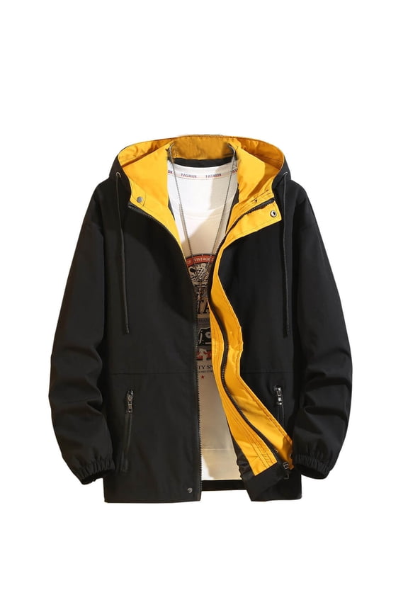 Rain Jacket for Men Colour Blocking Drawstring Zip Pocket Long Sleeve Hooded Casual Coat Jacket