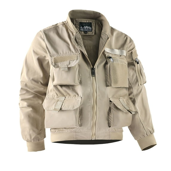 Rain Jacket for Men Fashion Casual Coats Solid Color Zipper Pockets Long Sleeve Hoodless Outwear