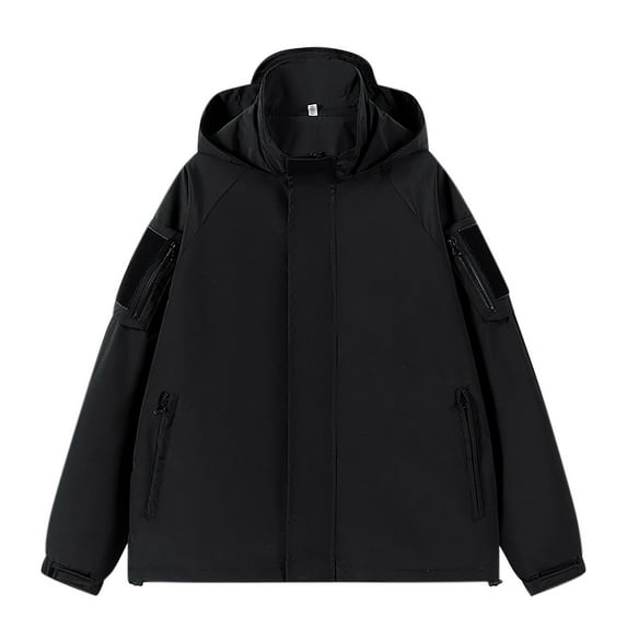 Rain Jacket for Men Solid Colour Zip Pocket Windproof Waterproof Rush Jacket Long Sleeve Hooded Casual Outwear Jacket