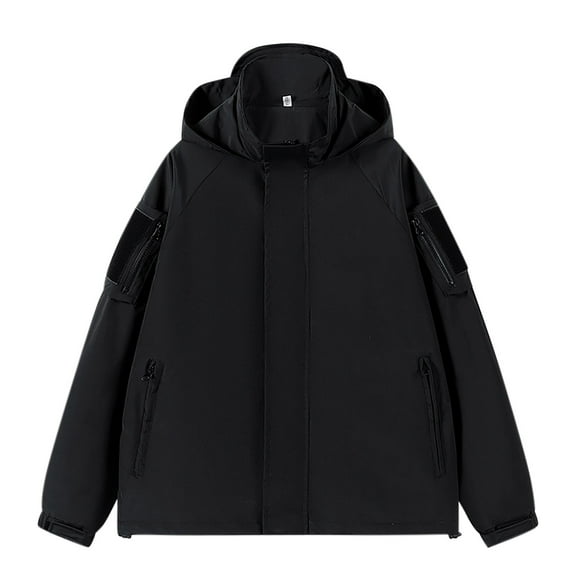 Rain Jacket for Men Solid Colour Zip Pocket Windproof Waterproof Rush Jacket Long Sleeve Hooded Casual Outwear Jacket
