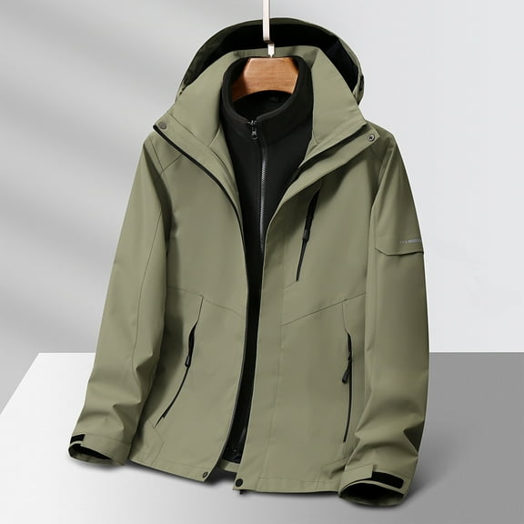 Rain Jacket for Men Three-in-one Solid Color Outdoors Mountaineering Wearproof Warm Zipper Multi-pocket Fleece Lnner Lap Coat Long Sleeve Jacket