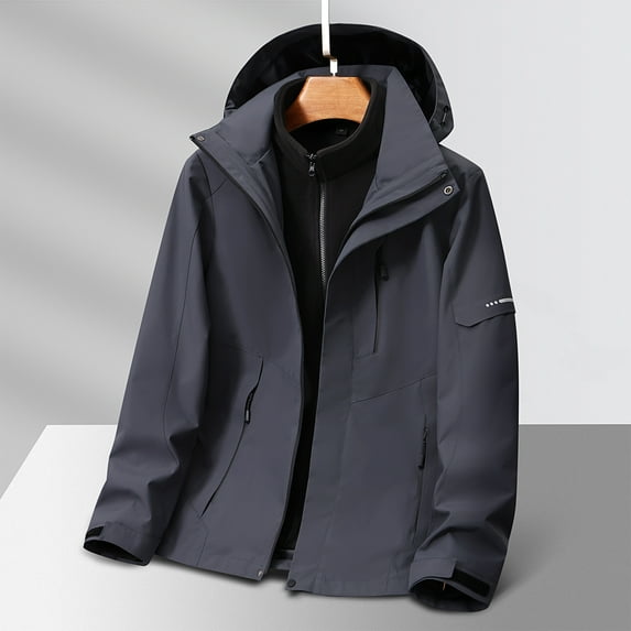 Rain Jacket for Men Three-in-one Solid Color Outdoors Mountaineering Wearproof Warm Zipper Multi-pocket Fleece Lnner Lap Coat Long Sleeve Jacket