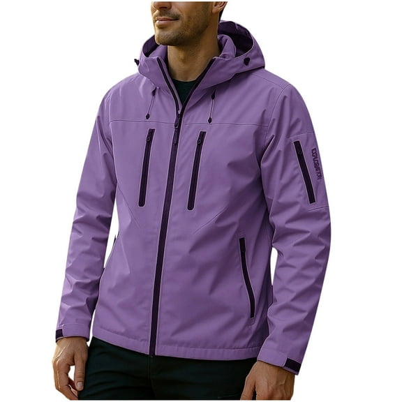 Rain Jacket for Men Windproof Waterproof Drawstring Hooded Shell Coat for Hiking & Outdoor with 5 Pockets Raincoat (XL, Purple)