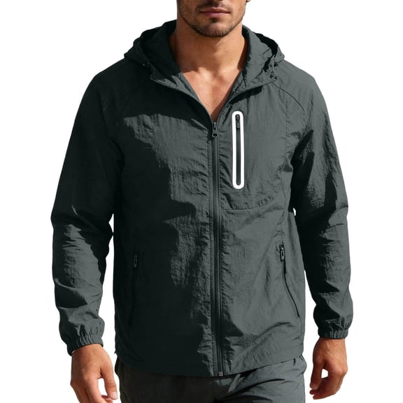 Rain Jacket for Mens Zipper Sun Protection Workout Hoodies with 3 Zip Pockets Waterproof Lightweight Clothes