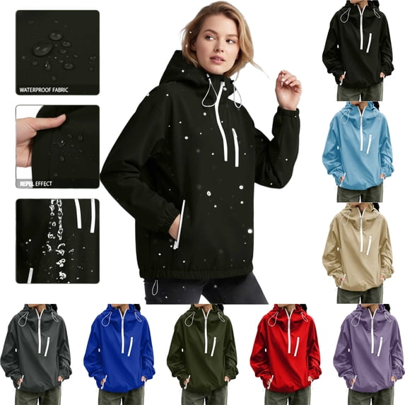 Rain Jacket for Women Full Zip Hooded Long Sleeve Casual Solid Color Windbreaker with Pockets