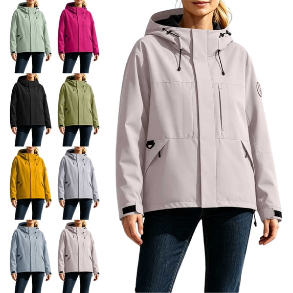 Rain Jacket for Women Hooded Full Zip Sport Active Long Sleeve Solid Color Windbreaker with Large Pockets