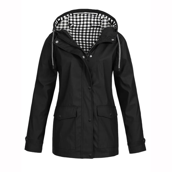 Rain Jacket for Women Lightweight Long Hooded Raincoat Waterproof Outdoor Travel Hiking Windbreaker Trench Coats Black L