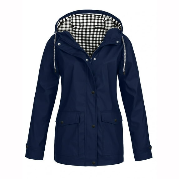 Rain Jacket for Women Lightweight Long Hooded Raincoat Waterproof Outdoor Travel Hiking Windbreaker Trench Coats Navy S