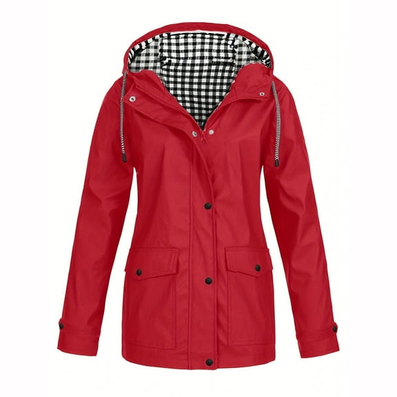 Rain Jacket for Women Lightweight Long Hooded Raincoat Waterproof Outdoor Travel Hiking Windbreaker Trench Coats Red L