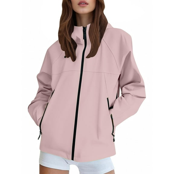 Rain Jacket for Women Lightweight Waterproof Windbreaker Solid Jacket with Hood Loose Fit Full Zip Up Outerwear Hoodies