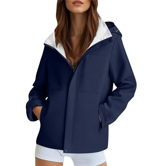 Rain Jacket for Women Lightweight Waterproof Windbreaker Solid Jacket with Hood Loose Fit Full Zip Up Outerwear Hoodies