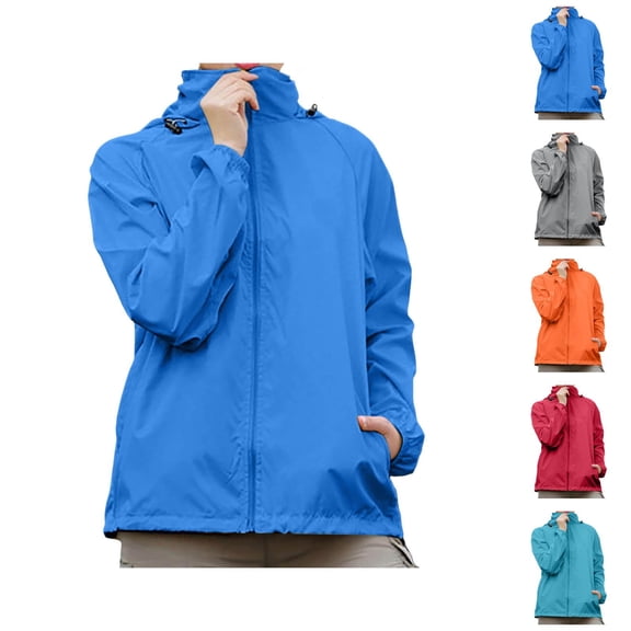 Rain Jacket for Women Long Sleeve Waterproof Windbreaker Packable Zip Up Rain Coats with Pockets Outerwear