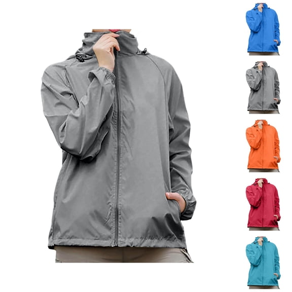 Rain Jacket for Women Long Sleeve Waterproof Windbreaker Packable Zip Up Rain Coats with Pockets Outerwear