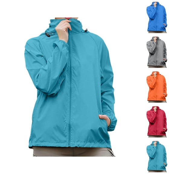 Rain Jacket for Women Long Sleeve Waterproof Windbreaker Packable Zip Up Rain Coats with Pockets Outerwear