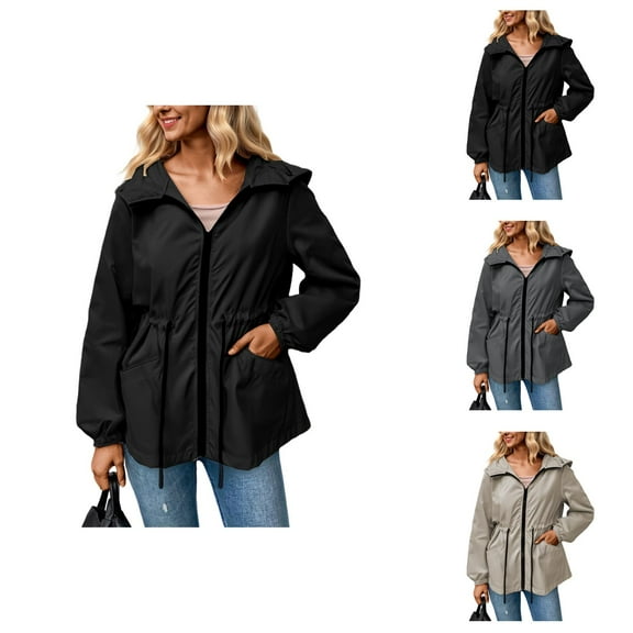 Rain Jacket for Women Outdoor Lightweight Waterproof Drawstring Waist Zip Up Hooded Jackets with Pockets Windbreaker