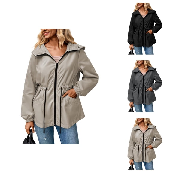 Rain Jacket for Women Outdoor Lightweight Waterproof Drawstring Waist Zip Up Hooded Jackets with Pockets Windbreaker