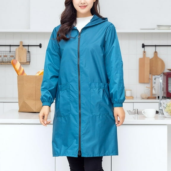 Rain Jacket for Women Solid Color Long Sleeve Zip Up Loose Fashion Raincoat Windbreaker Long Hooded Outdoor Coat (XL, Light Blue)