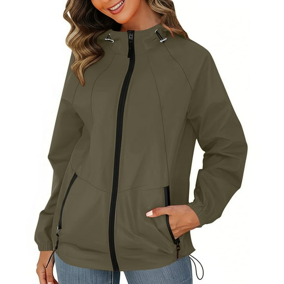Rain Jacket for Women Waterproof Lightweight Zip Front Windbreaker Jackets with Hood Long Sleeve Packable Raincoat with Pockets