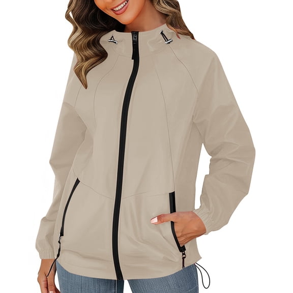Rain Jacket for Women Waterproof Lightweight Zip Front Windbreaker Jackets with Hood Long Sleeve Packable Raincoat with Pockets