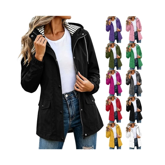 Rain Jacket for Women Waterproof Striped Lined Hooded Rain Jacket Windbreaker Travel Raincoat with Pockets Hiking Outdoor Clothing