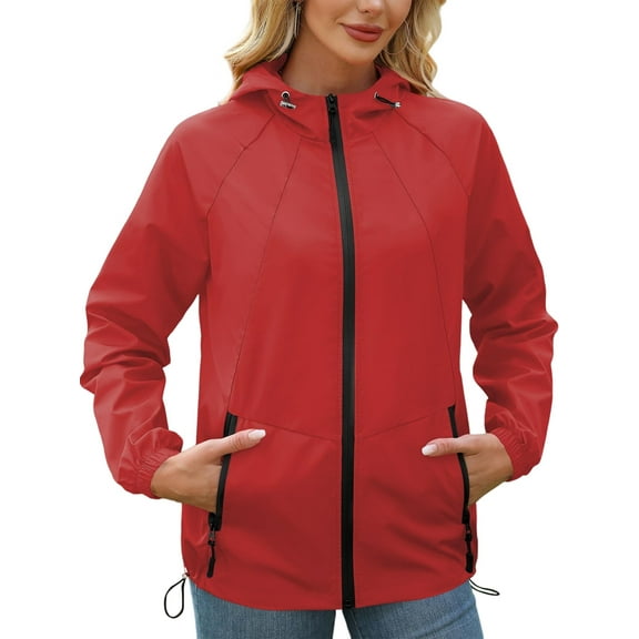 Rain Jacket for Women Waterproof Windbreaker Jacket with Hood Packable Raincoat with Pockets Red S