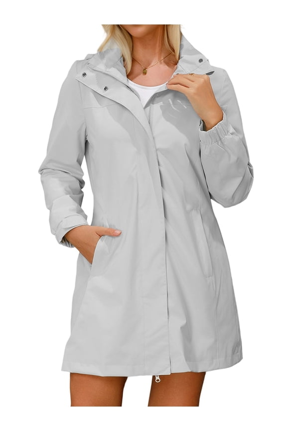 Rain Jacket for Women Waterproof with Hood Trech Coat for Women Raincoats Long Windbreaker White Gray M