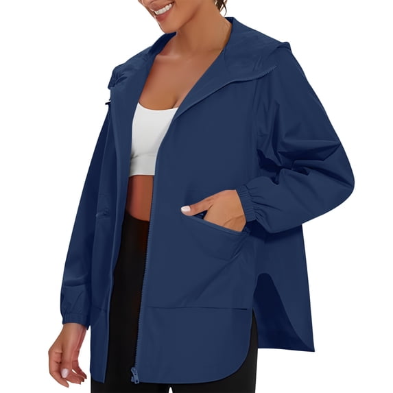 Rain Jacket for Women Windproof Solid Color Pocket Casual Daily Outwear Lightweight Raincoat Fashionable Blue S-2XL