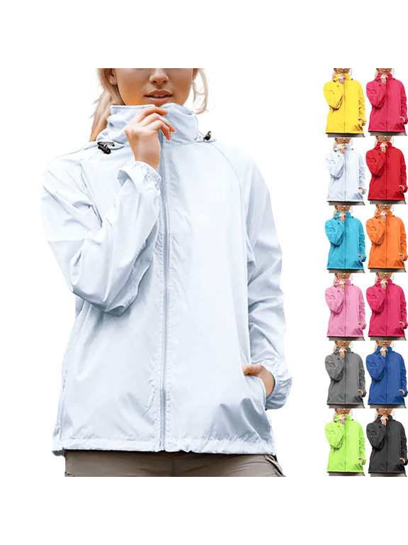 Rain Jacket for Womens Lightweight Breathable Raincoat Waterproof Hooded Rain Jacket Windbreaker Summer Hooded Active Outdoor Travel Ski Trench Coats