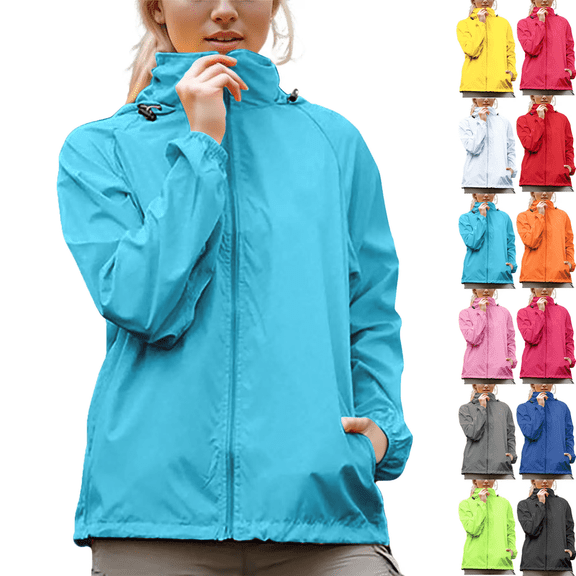 Rain Jacket for Womens Lightweight Breathable Raincoat Waterproof Hooded Rain Jacket Windbreaker Summer Hooded Active Outdoor Travel Ski Trench Coats