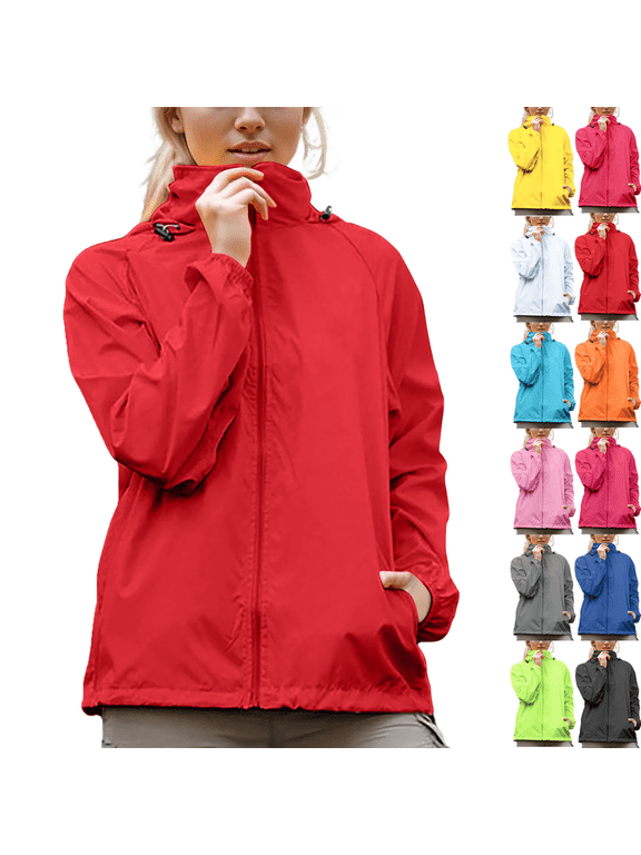 Rain Jacket for Womens Lightweight Breathable Raincoat Waterproof Hooded Rain Jacket Windbreaker Summer Hooded Active Outdoor Travel Ski Trench Coats