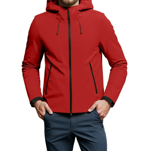 Rain Jacket with Hood Men's Water_proof Raincoats Lightweight Breathable Rain Gear Packable Workwear Big and Tall Work Outdoor Outerwear (Red,XL)