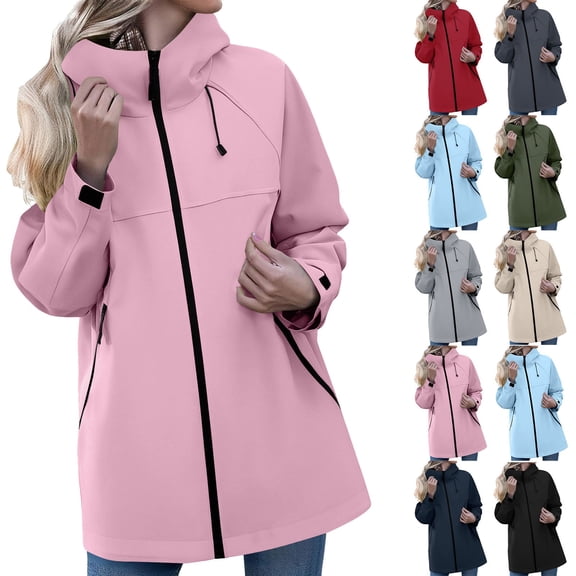 Rain Jackets For Women Waterproof Lightweight Outdoor Casual Raincoats Hooded Full Zip Mid Length Pockets Windbreaker (M, Pink)